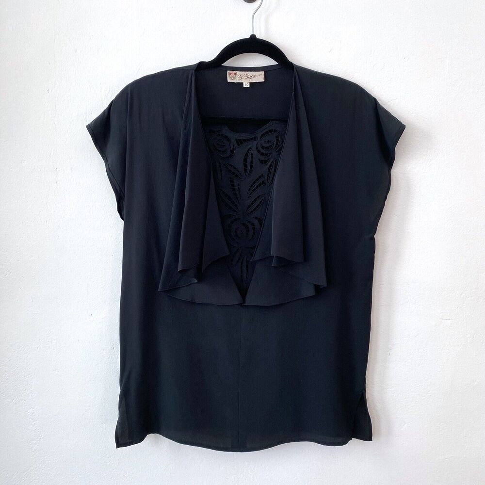 Vintage 70's GUCCI Silk Shirt Black Cutout Inlay Ruffle Short Sleeve Size 40